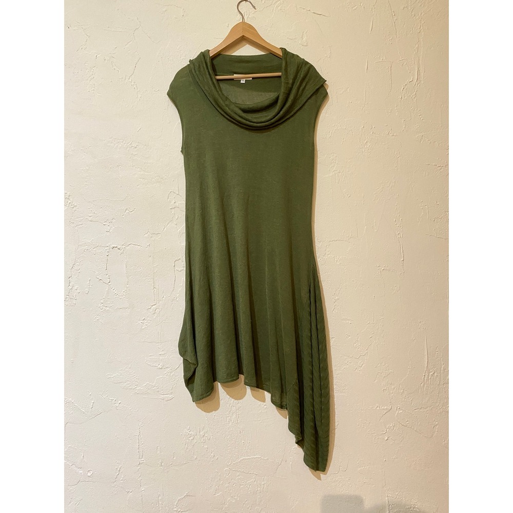 Bryn Walker Tunic Top Dress Women Medium Olive Linen Knit Cowl Neck Asymmetrical